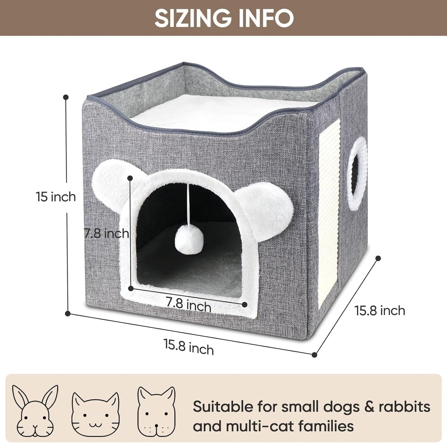 Katzenbetten für Indoor Katzen, Faltbares Katzenhaus, Katzenhöhle 2 Schicht Würfel Großer Raum Katzenbett mit Kratzbrett und Spielball, 15,8 x 15,8 x 15 Zoll