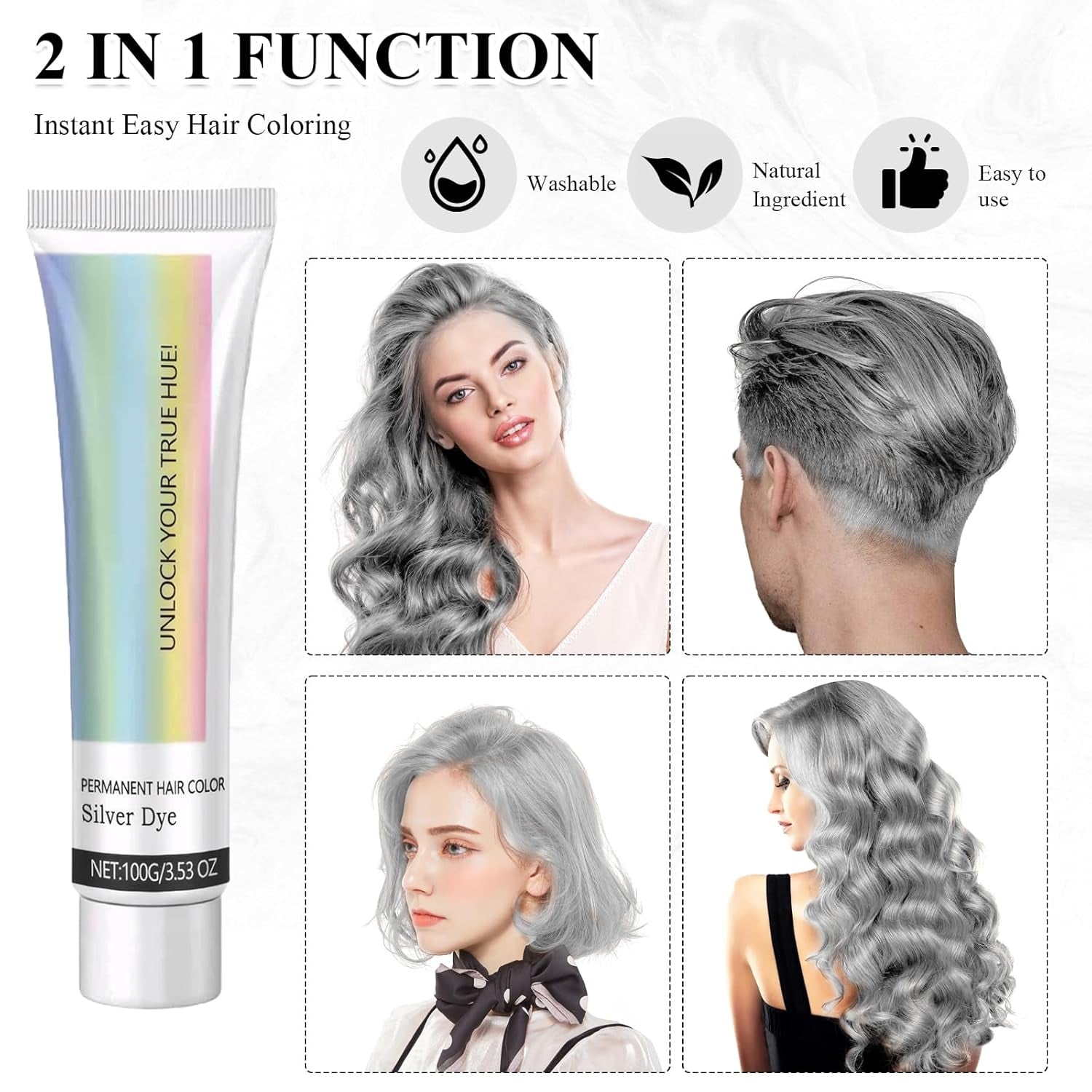 Haarfärbemittel Grau Silber Natürliche Haarfärbecreme für Silbergrau, Graue Haarfärbecreme Silbergrau, Silbergraue Naturhaarfärbecreme Graue Haarfärbemittel für alle Haartypen mit 1 Kopfhautmassagegerät (100 ml) Haarfärbemittel Naty Shop
