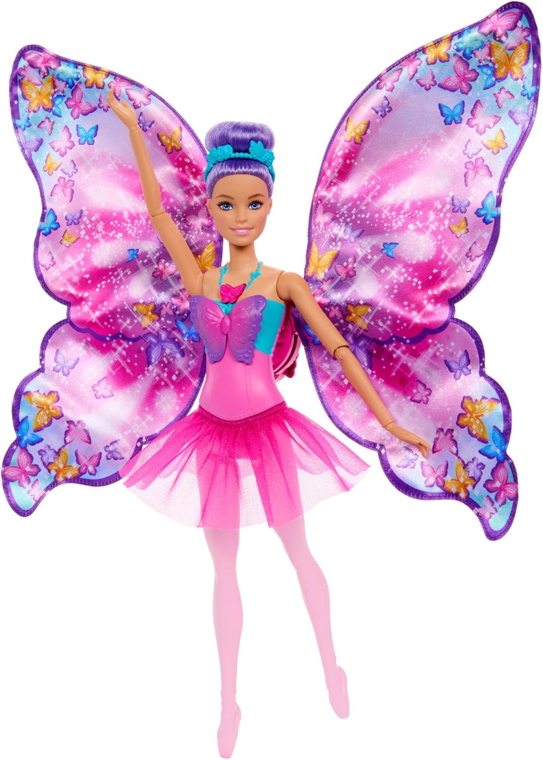 Barbie Dance And Flutter 2-in-1-Tänzerin-zu-Schmetterling-Verwandlungspuppe mit aufklappbaren Flügeln, lila Haaren, Haarschmuck und abnehmbarem Tutu, HXJ10 Naty Shop Dolls Standardtitel
