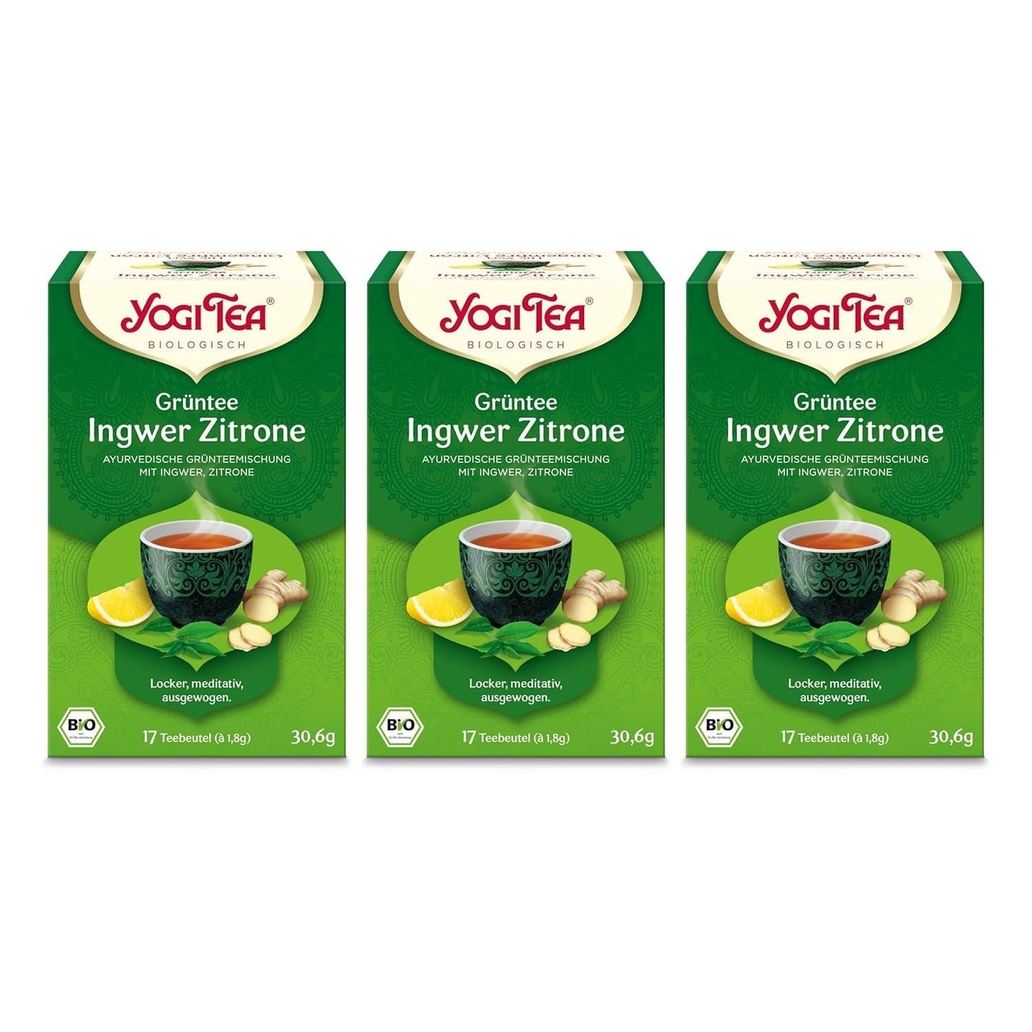 Yogi Tea – Grüner Tee mit Ingwer und Zitrone, Bio-Ayurvedischer Tee mit Gewürzen und Kräutern, Mischung aus grünem Tee, Ingwer und Zitrone, Yogi Tea 3er-Pack, 3 x 17 Teebeutel (insgesamt 51 Teebeutel), ideal als Geschenk