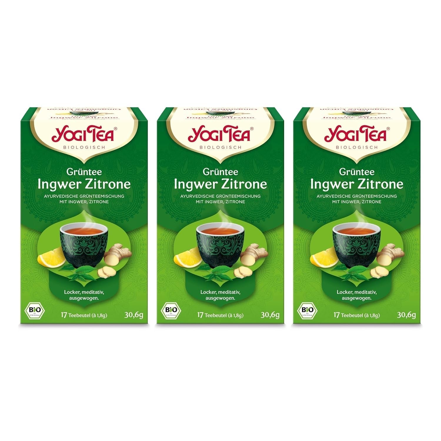 Yogi Tea – Grüner Tee mit Ingwer und Zitrone, Bio-Ayurvedischer Tee mit Gewürzen und Kräutern, Mischung aus grünem Tee, Ingwer und Zitrone, Yogi Tea 3er-Pack, 3 x 17 Teebeutel (insgesamt 51 Teebeutel), ideal als Geschenk