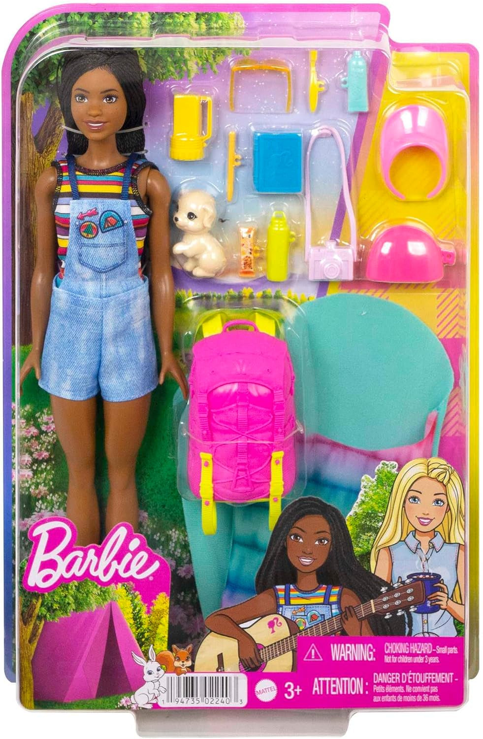 Barbie HDF74 Doppelpack-Puppe! Brooklyn Camping Doll (brünett mit geflochtenen Zöpfen, ca. 29 cm) mit Welpe, Rucksack, Schlafsack, 10 Campingzubehör, Geschenk für Kinder ab 3 Jahren