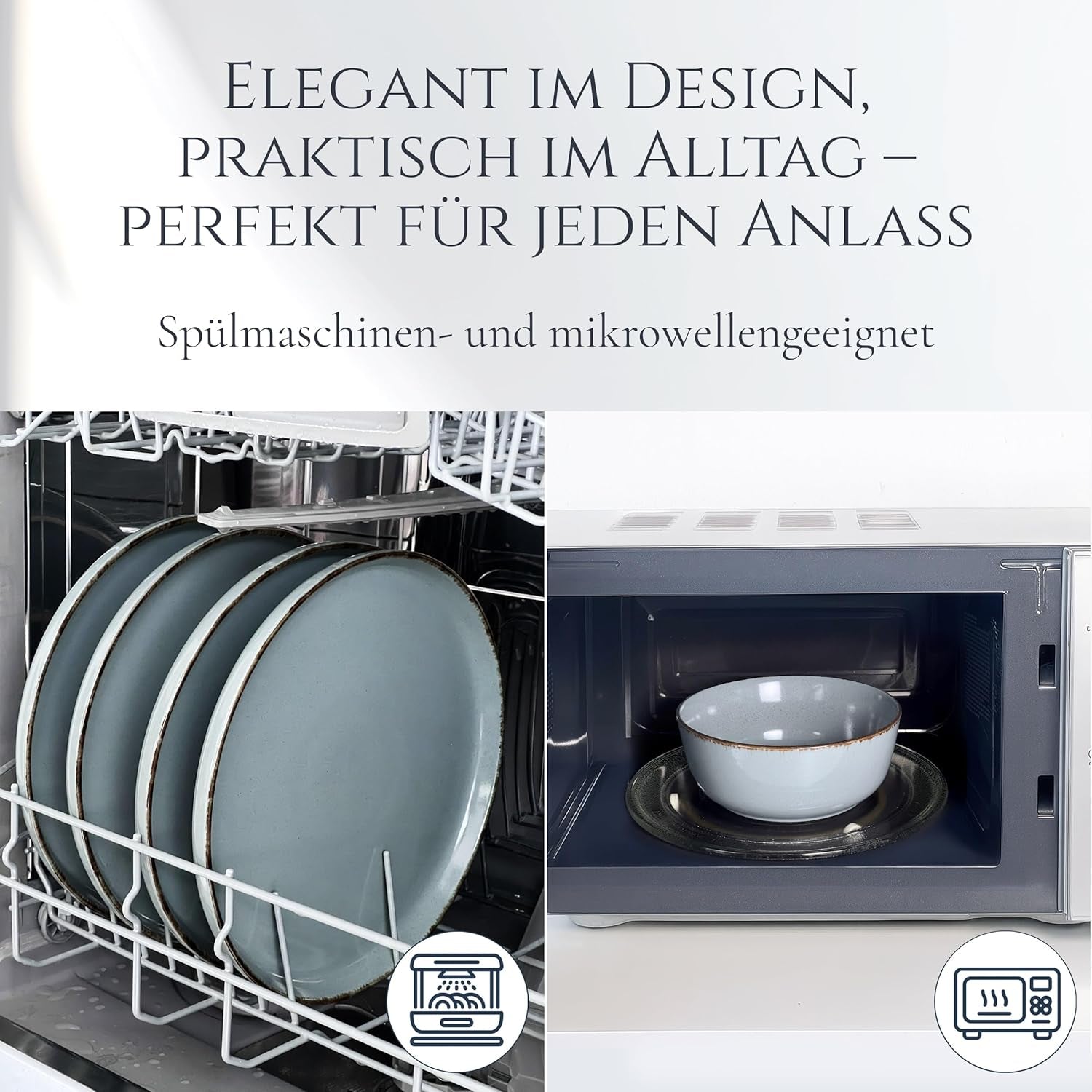 Steingut Geschirrset 6 Personen Rustikal 24 tlg. TESTSIEGER, Hochwertiges Landhausstil Steingut Geschirr Set, Schüssel- und Teller Set, Tafelservice 6 Personen, Geschirrsets Pure Living in Rauchblau
