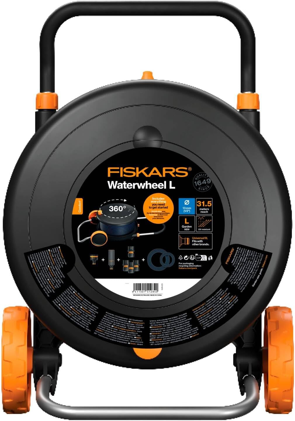 Fiskars Comfort L Wasserrad mit Rädern, All-Inclusive-Bewässerungsset, Gesamtreichweite 31,5 m, automatisches Aufwickeln, universeller Gartenschlauch (Ø 13 mm), universeller Wasserhahnanschluss, 1071670