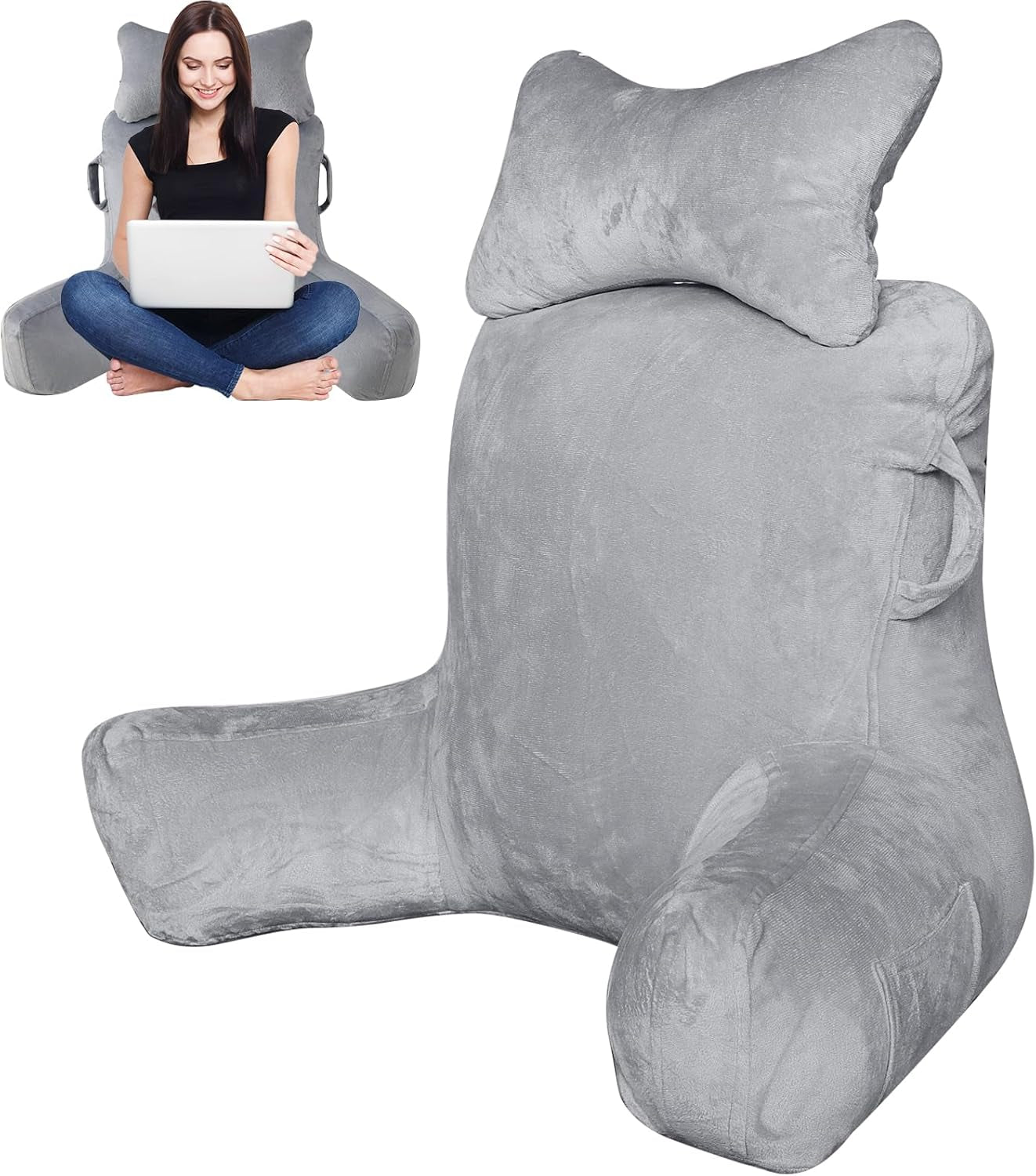Lesekissen für Erwachsene im Bett, 90 x 80 cm (B x H), extra große Rückenlehne zum Lesen mit abnehmbarer Nackenstütze und Stützarm, bequemes Lesekissen für Bett, Sofa oder Bodenrückenlehne