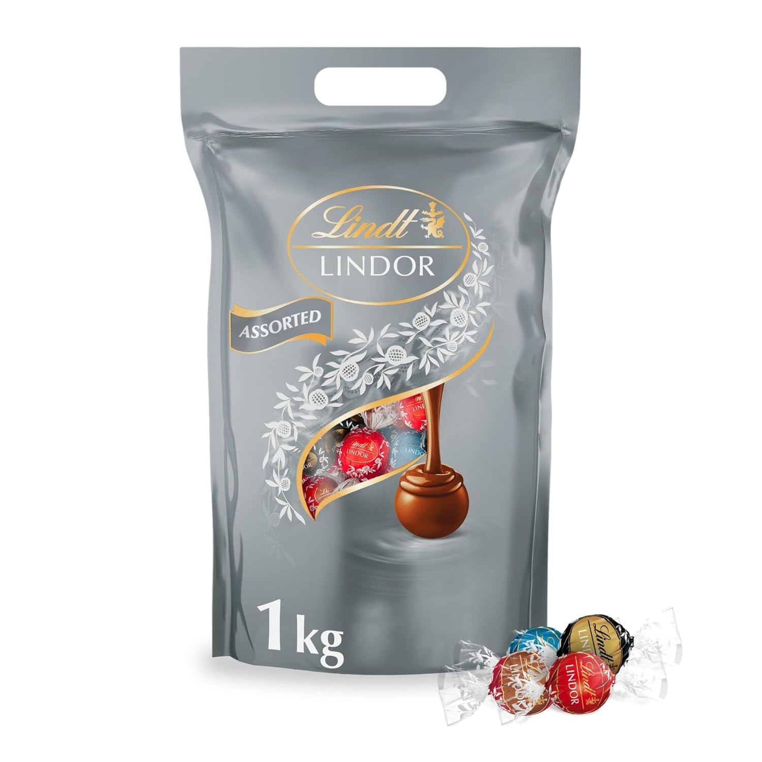 Lindt-Schokolade | Sortierte Tasche LINDOR silber | 1 kg Beutel | 80 zartschmelzende Milchschokoladenkugeln, 70 %, gesalzener Karamell und doppelter Schokoladengeschmack | Schenken Sie Schokolade zum Teilen