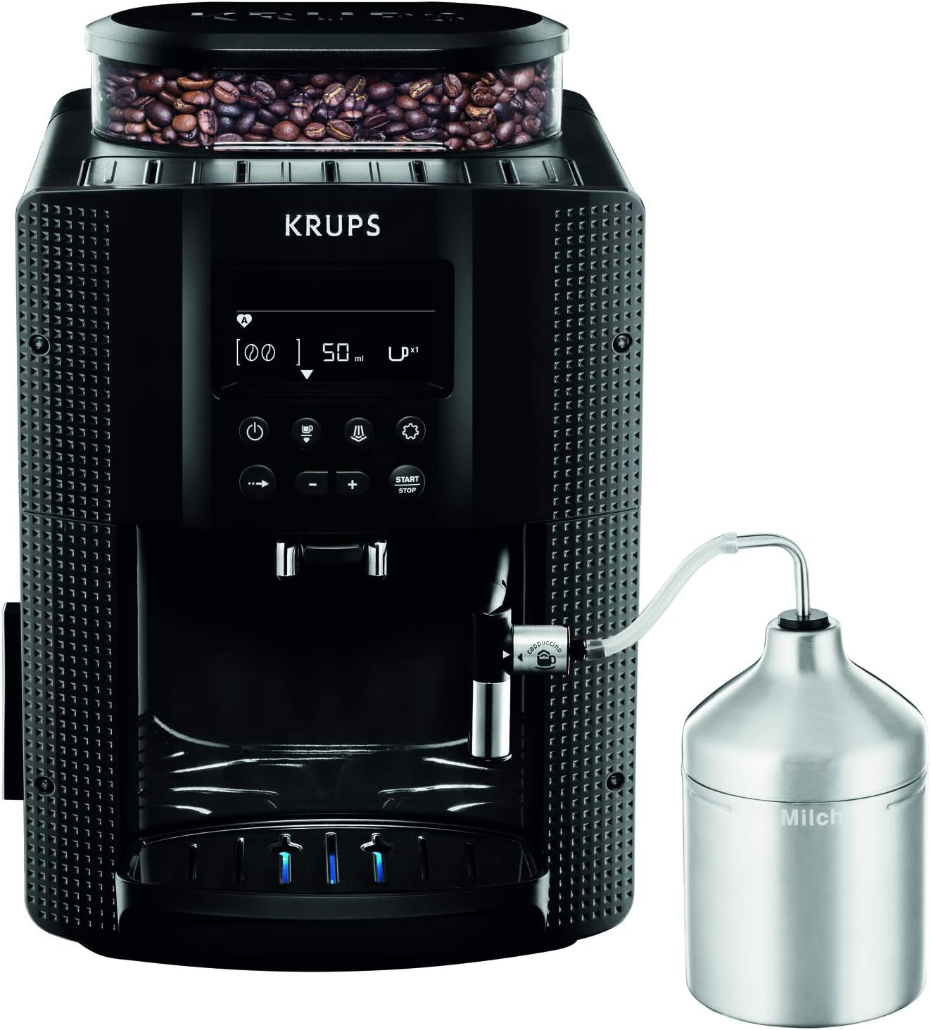 KRUPS Arabica Picto automatische Espressomaschine, kompaktes Design, einfache Bedienung, intuitiv einstellbarer Drehregler, Milchaufschäumer, 2-Tassen-Funktion, Espressomaschine, schwarz, EA810870