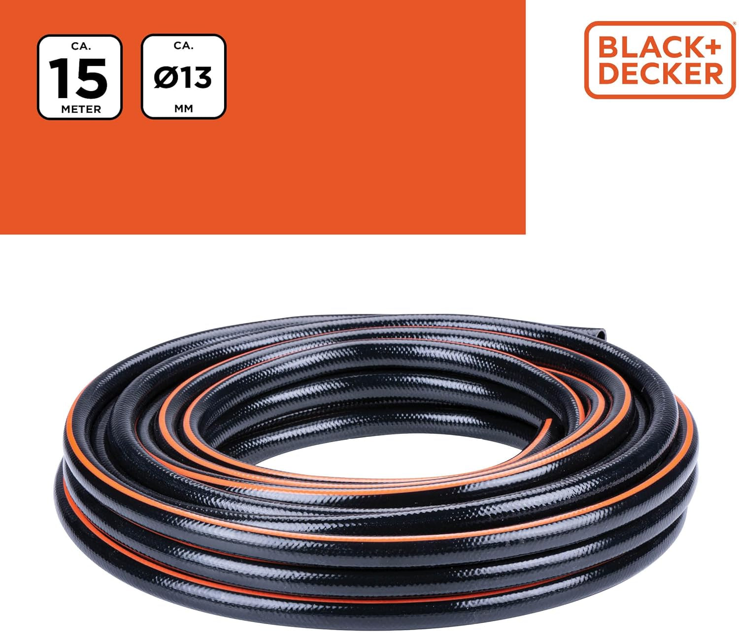 BLACK+DECKER Gartenschlauch 15 Meter – Ø13MM – Strapazierfähiges PVC – Den Garten bewässern, das Auto waschen, den Pool füllen – Kompatibel mit jedem Standard-Wasserhahn – Schwarz/Orange