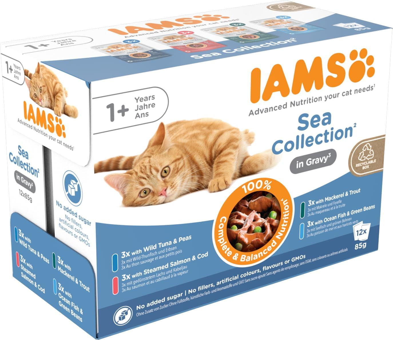 IAMS Delights Sea Collection Katzenfutter Nass - Multipack mit Fischsorten (Lachs, Thunfisch, Makrele, Seefisch) in Sauce, Nassfutter für Katzen ab 1 Jahr, 12 x 85g