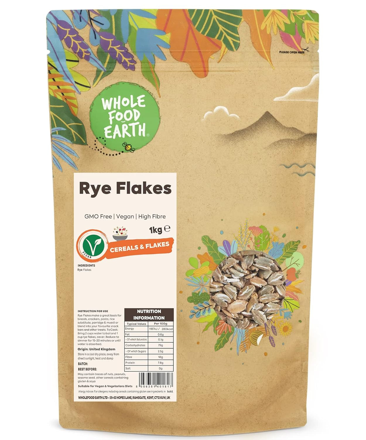 Wholefood Earth Roggenflocken – gentechnikfrei – vegan – milchfrei – ohne Zuckerzusatz, 1 kg