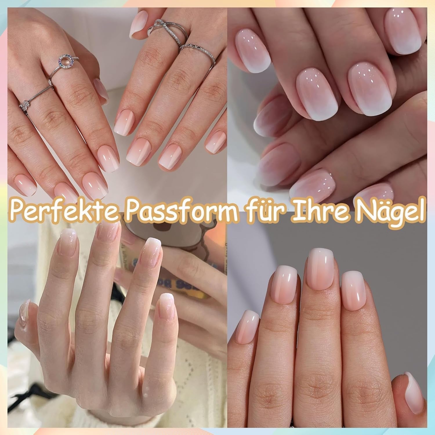 Set mit künstlichen Nägeln – 240 Stück, kurze, quadratische Nägel, weiches Gel, Modell Nude, weißer Farbverlauf, künstlicher natürlicher Kleber auf künstlichen Nägeln für Frauen, DIY (nackter Farbverlauf, 240 x)