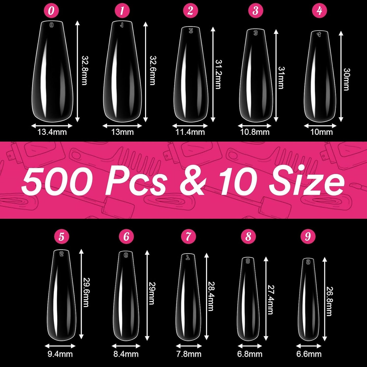 Alyvisun Ballett-Nagelspitzen, 500 Stück, vollständig abdeckende Acryl-Nagelspitzen mit 240 Stück Nagelaufkleber-Set, 10 Größen, transparente Gel-Nagelspitzen, weiche Gel-Nagelspitzen, Ballerina-Nagelspitzen