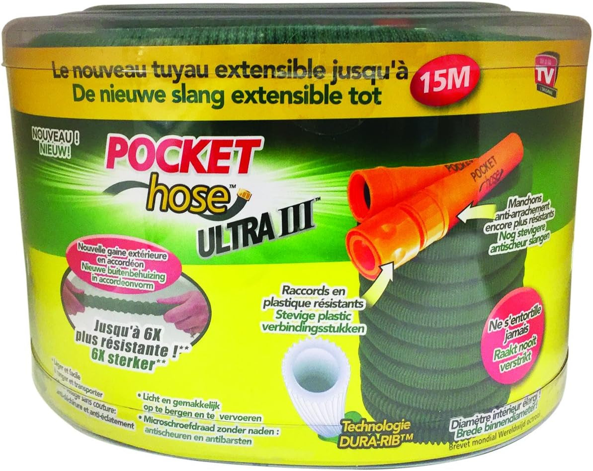 Taschenschlauch Ultra 3, einziehbarer Gartenschlauch, 15 m, grüner Nylon-Gartenschlauch