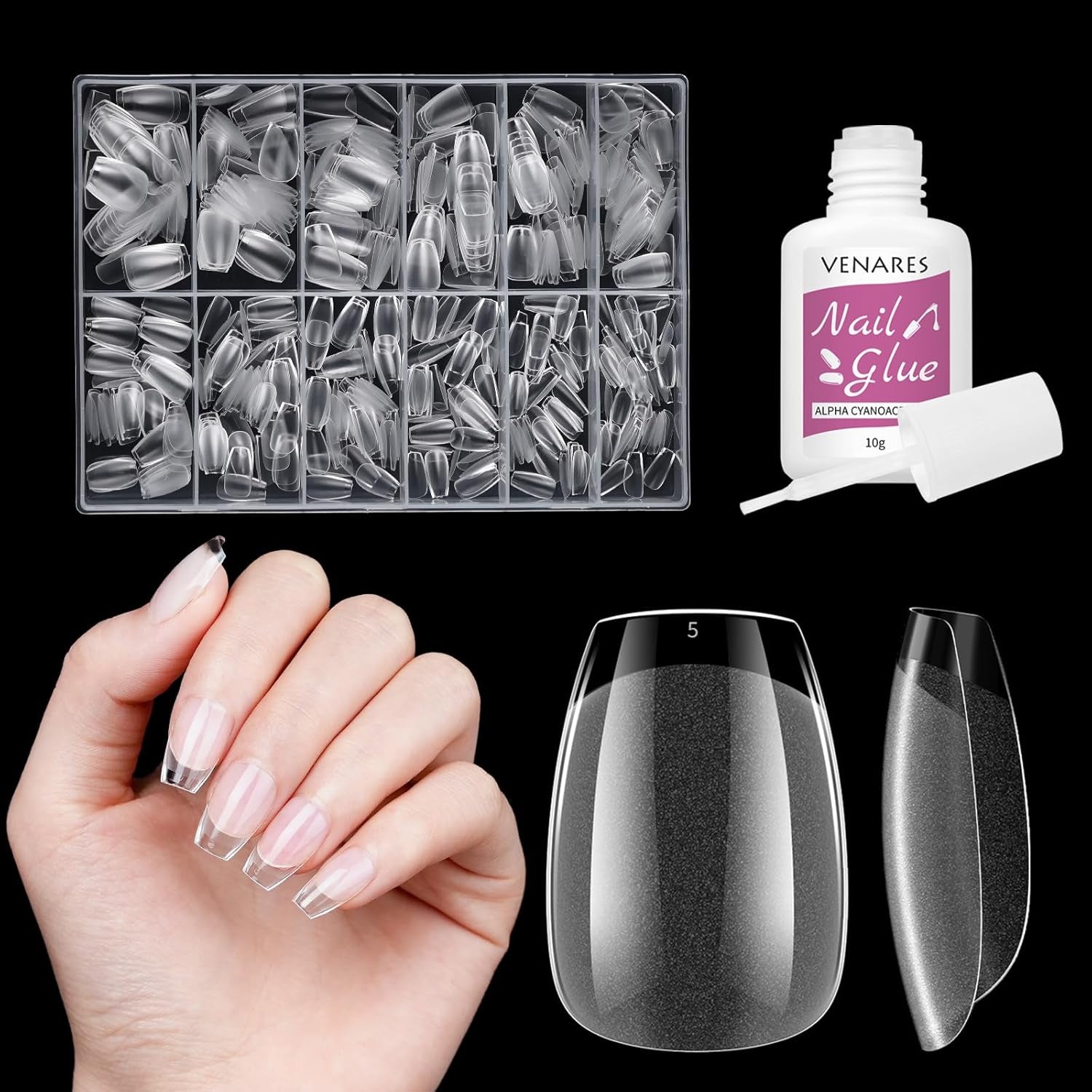 Kurze künstliche Nägel, Ballerina, 500 Stück, zum Aufkleben, 12 Größen, künstliche Nägel, kurze, weiche Gel-Nagelspitzen mit vollständiger Abdeckung für Gelnägel, kurz S