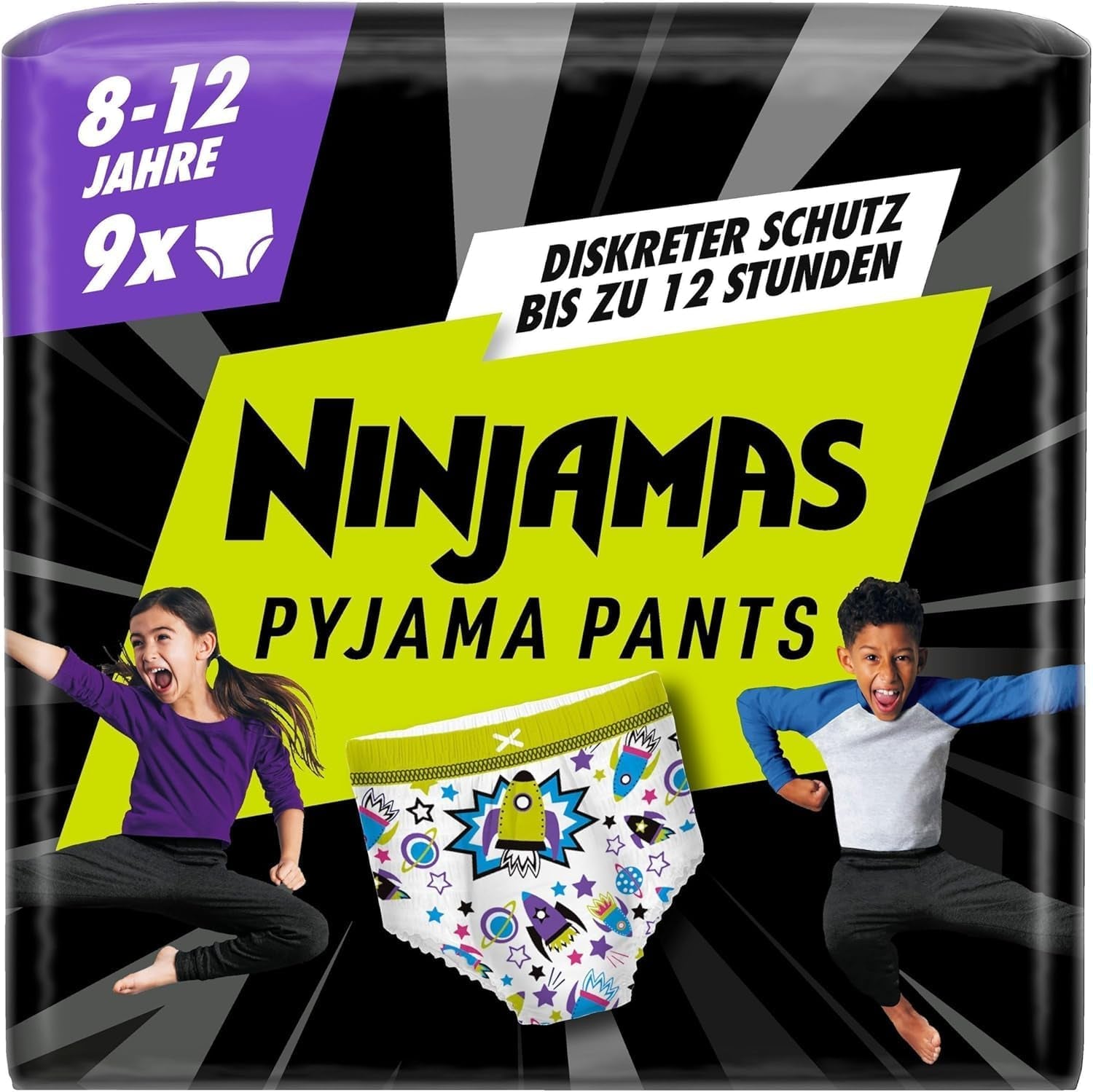 Raumschiff-Pyjamahose, 9 saugfähige Nachthosen, 8 Jahre, 27 kg–43 kg, Auslaufschutz für die ganze Nacht