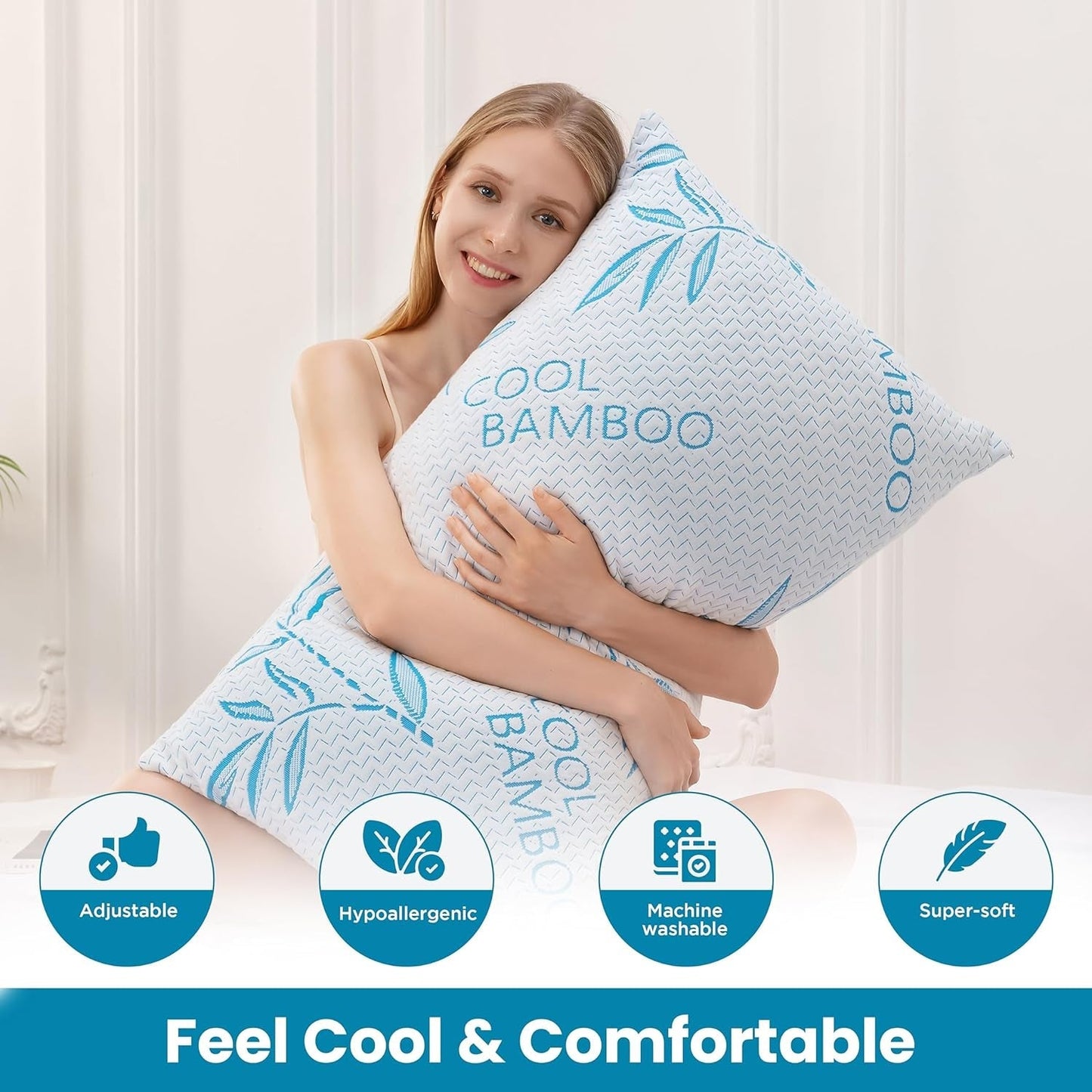 Comfysleep King-Size-Kissen aus Bambus-Viskose, kühlend, geschredderter Memory-Schaum, verstellbarer Bezug aus Bambus-Viskose, abnehmbarer/waschbarer Bezug, 2 Stück, Naty Shop Standard-Kissen