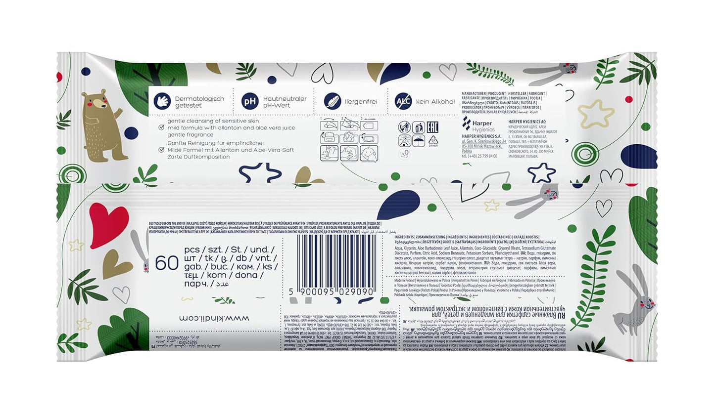 Șervețele umede Kindii Natural Balance pentru bebeluși – (1 x 60 buc.) Șervețele umede pentru bebeluși și copii – Protectoare, Aloe Vera, Parfum delicat – 60 buc.