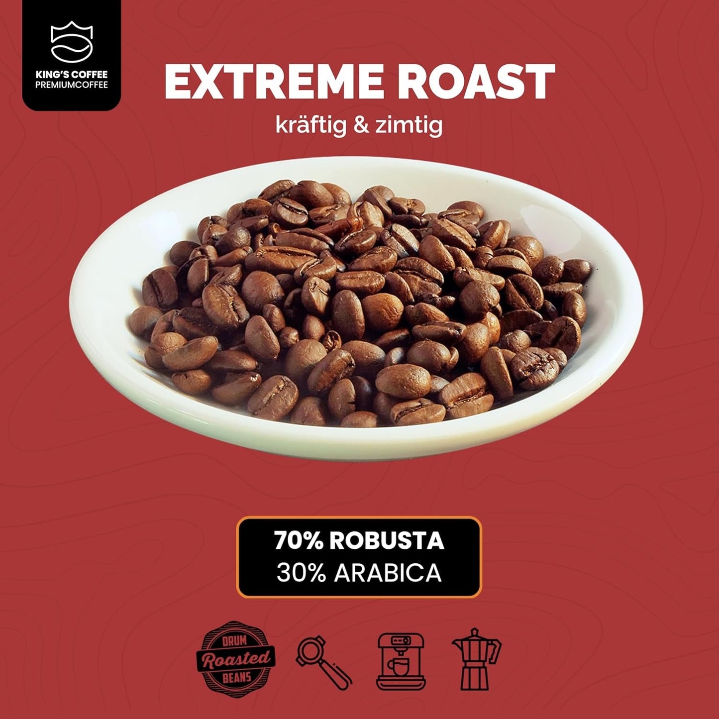 KING'S COFFEE - EXTREME ROAST - Espresso Intenso Bohnen - sehr geringer Säuregehalt - Kleinserienröstung aus Italien - Kaffeebohnen für Vollautomaten und Siebträgermaschinen - 1 kg