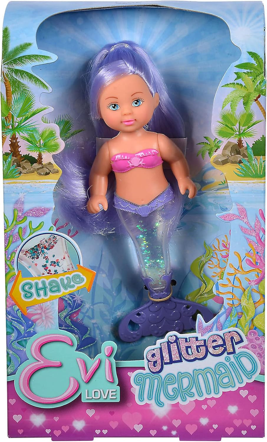 Simba 105733482 – Evi Love Glitter Mermaid, Meerjungfrauenpuppe mit einer Schwanzflosse, die beim Schütteln leuchtet. Es wird nur EIN Artikel bereitgestellt.