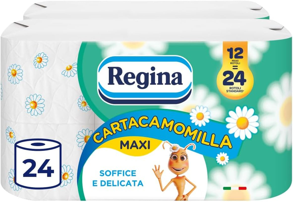 Regina Cartacamomilla – 8 Rollen Toilettenpapier, 300 flauschige Blätter, 3-lagig, weich und fest, recycelbare Papierverpackung