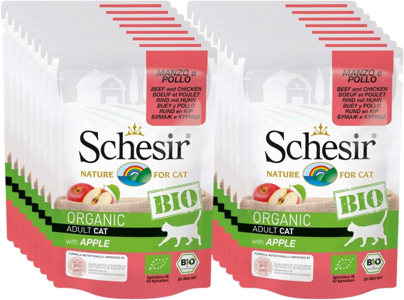 Cat Bio Adult Rind und Huhn mit Apfel, Nassfutter für Katzen, 16 Beutel x 85 g