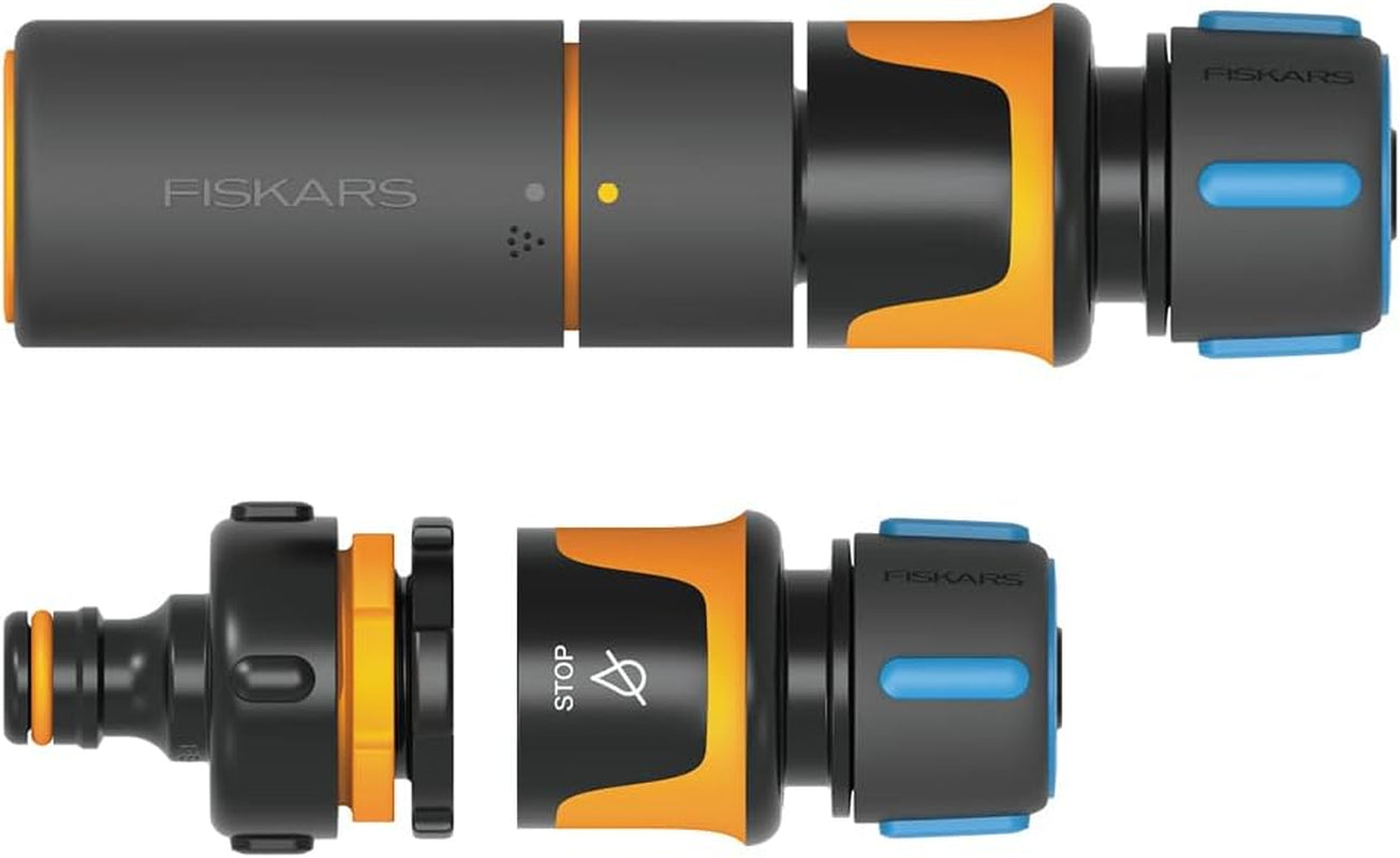 Fiskars Water Wheel Wasserschlauch-Set mit 2 Schlauchanschlüssen und Wasserhahnanschluss, Universalgröße, Torsionssteifigkeitsstufe 4 (von 5), 1,8 m, Ø 1,3–1,5 cm (1/2–5/8 Zoll), Schwarz/Orange/Blau, 1057621