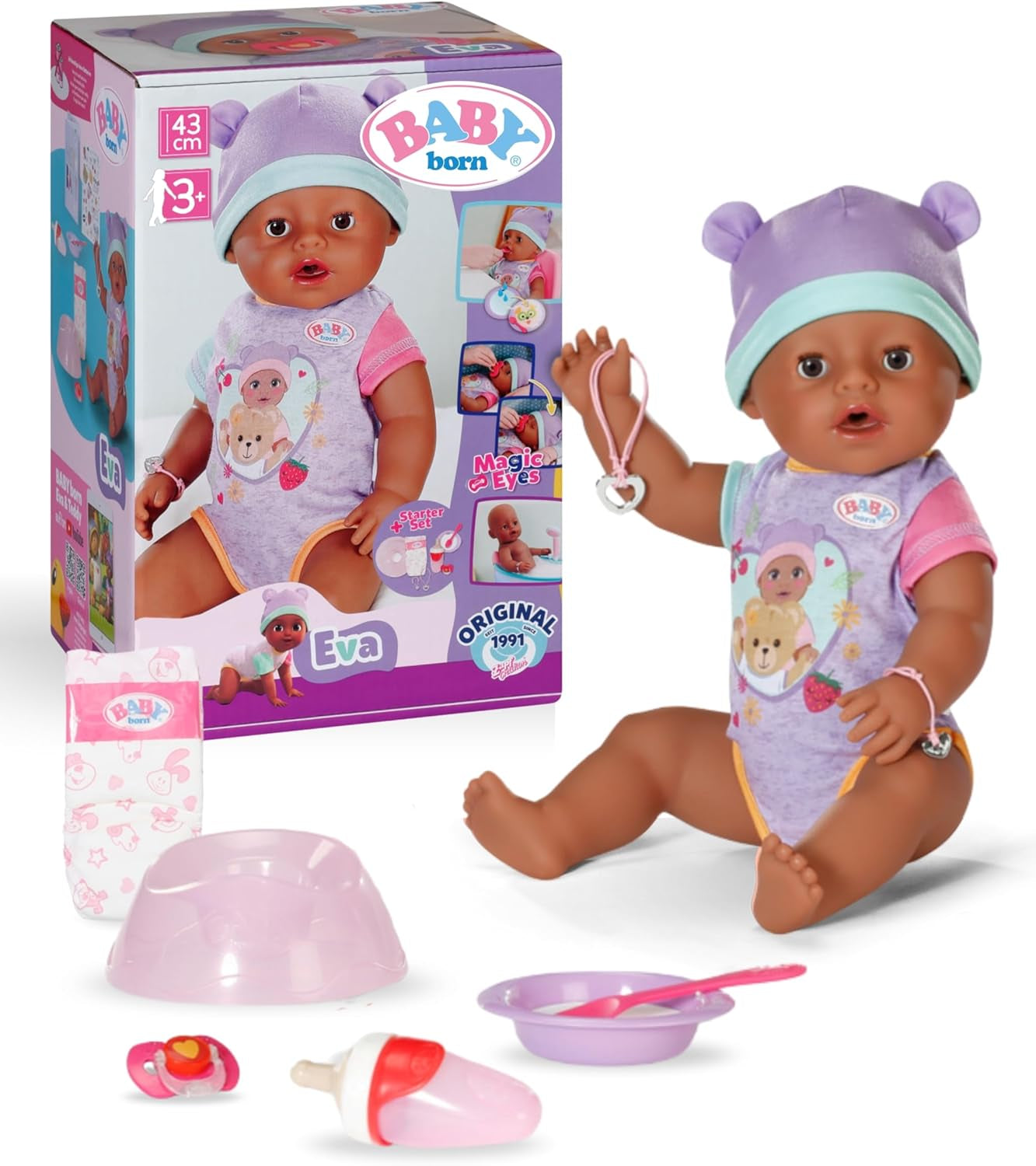 BABY Born Eva – Babypuppe 43 cm – 10 Funktionen inklusive Zubehör und Matratze – Funktioniert komplett ohne Batterien – Geeignet für Kinder ab 3 Jahren
