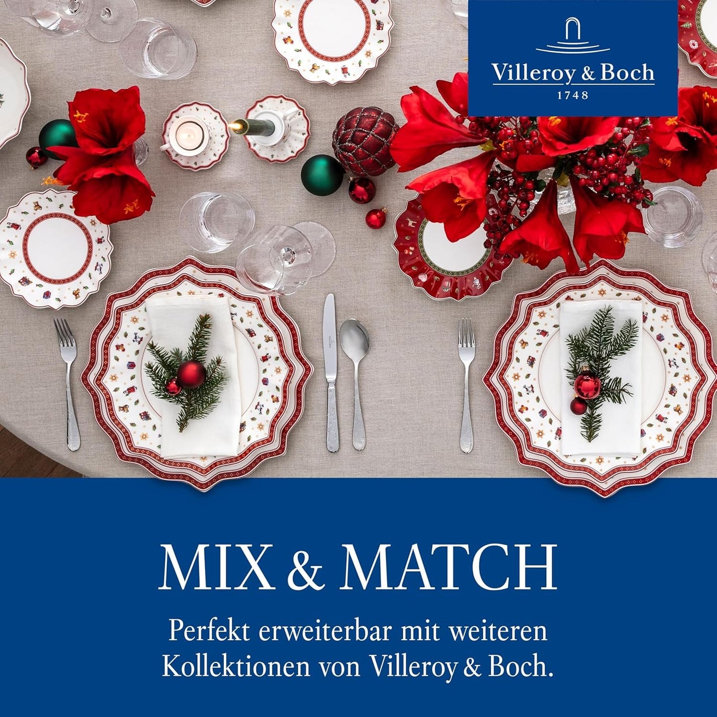 Villeroy & Boch - Toy's Delight Frühstücksset für 2, Lokomotiven-Design, 6-teilig, bunt, Weihnachten, Geschirrset mit Tellern, Tassen und Schüsseln zum Frühstück, Weihnachtsgeschirr, Premium-Porzellan