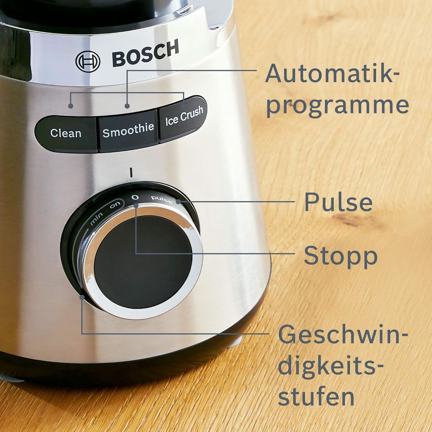 Bosch Standmixer Vitapower Serie 4 MMB6382M, Edelstahl-Klingen Made in Germany, 1.5L Thermosafe Glasbehälter, Stopfer, Sicherheitsdeckel, Spülmaschinengeeignete Teile, 30.000 U/Min, 1200 W, Edelstahl Kitchen Naty Shop