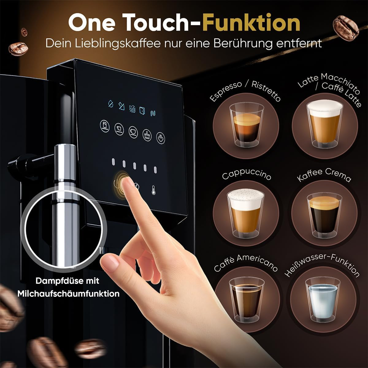 Vollautomatische ProfiCook® Espressomaschine mit Milchaufschäumer für Cappuccino | Kegelmahlwerk | mit Tassenwärmfunktion | Italienische Profipumpe | Touchscreen | Espresso | PC KAV 1281