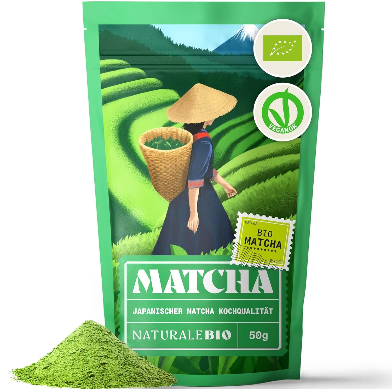 Naturalebio BIO Grüntee-Pulver 100 g. Zum Kochen und Backen. Original japanischer Matcha. Grüner Tee aus Japan, vegan, glutenfrei und gentechnikfrei. Natürliches Bio-Produkt.