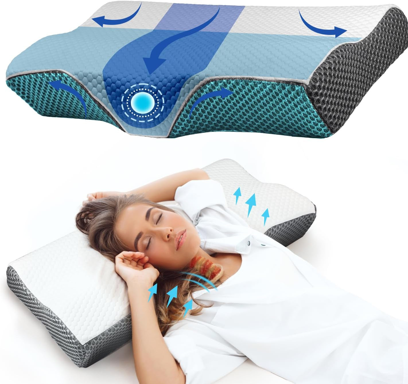 Nackenschmerzkissen, ergonomisches orthopädisches Nackenkissen, seitliches Rücken-Bauchkissen aus Memory-Schaum, Anti-Schnarch-Kissen für Männer und Frauen (62 x 34,5 x 12/8 cm). Orthopädische Nackenkissen von Naty Shop