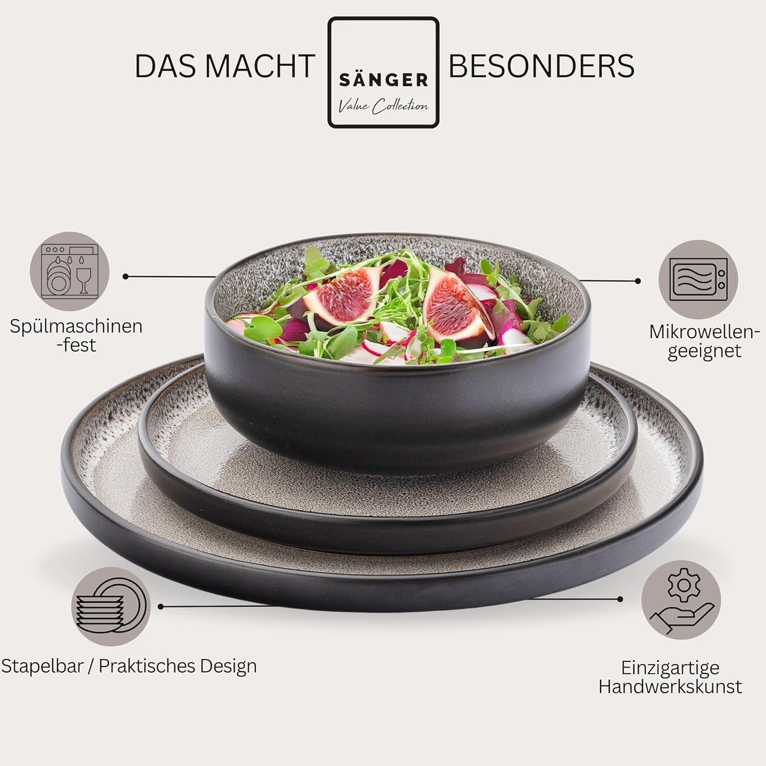 SÄNGER Luxor | Steingut-Geschirr-Set, 18-teilig, Teller-Set für 6 Personen, Geschirr-Set (6 Speiseteller, 6 Müslischalen, 6 Dessertteller), kratzfestes braun-beiges Geschirr | DIE VALUE-KOLLEKTION