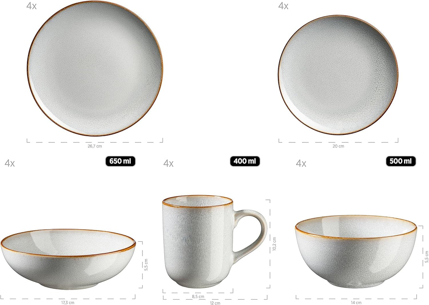 MÄSER Mabella, Vintage-Geschirrset für 4 Personen, 20-teiliges Kombiservice mit raffinierter Reaktivglasur und feinem braunem Rand, Steingut, Grau-Beige