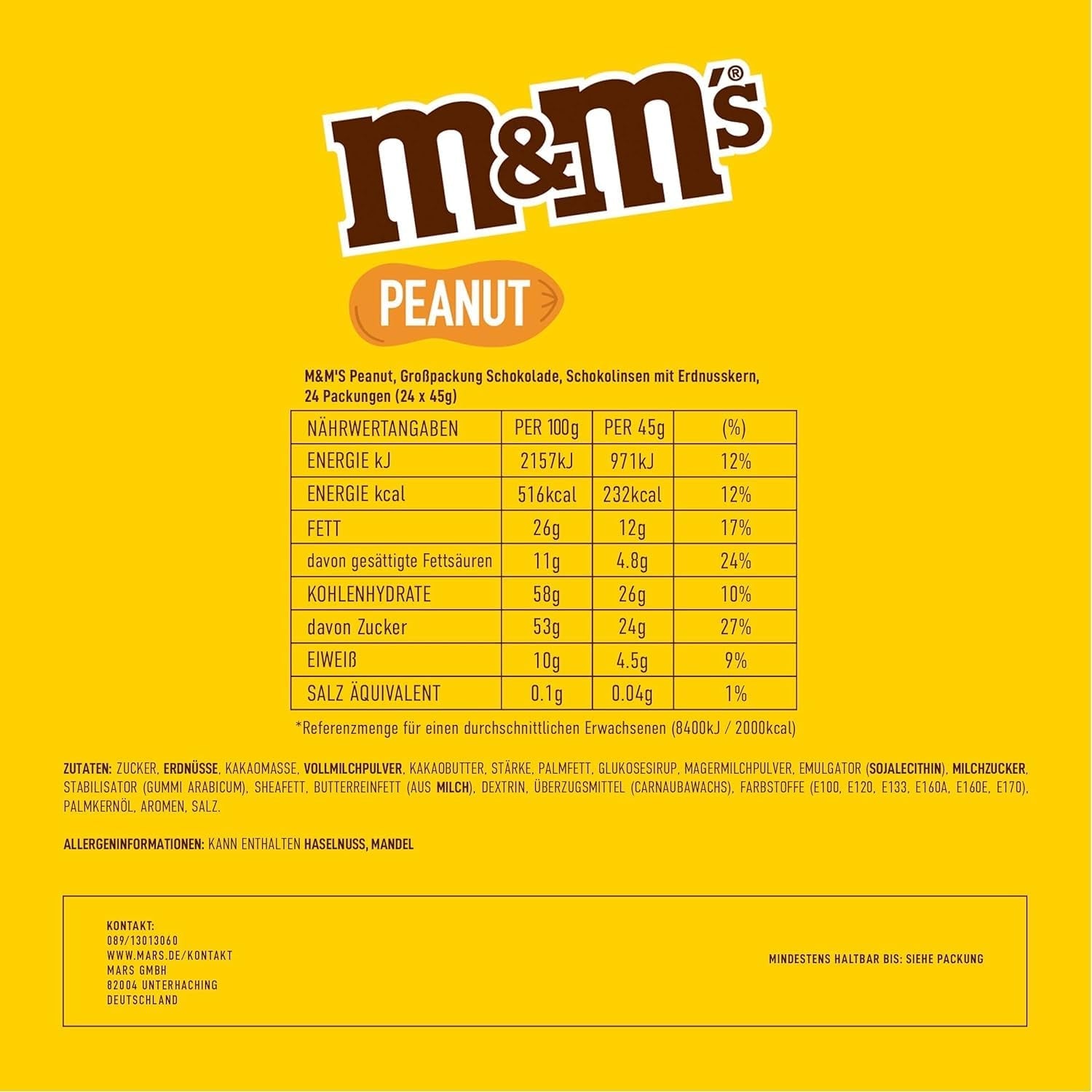 M&M's Erdnuss-Schokoladen-Großpackung, 24 x 45 g Schokoladen-Linsen mit Erdnussgeschmack, Schokoladengeschenk (1080 g), ideal als Leckerbissen zum Thema Fußball