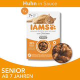 IAMS Delights Nassfutter für Katzen mit Huhn in Soße für ältere Katzen ab 7 Jahren – Probiergröße, Einzelbeutel, 1 x 85 g