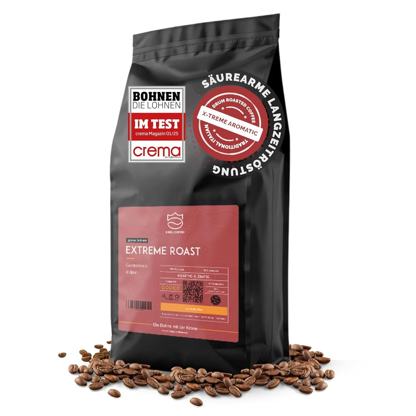 KING'S COFFEE - EXTREME ROAST - Espresso Intenso Bohnen - sehr geringer Säuregehalt - Kleinserienröstung aus Italien - Kaffeebohnen für Vollautomaten und Siebträgermaschinen - 1 kg