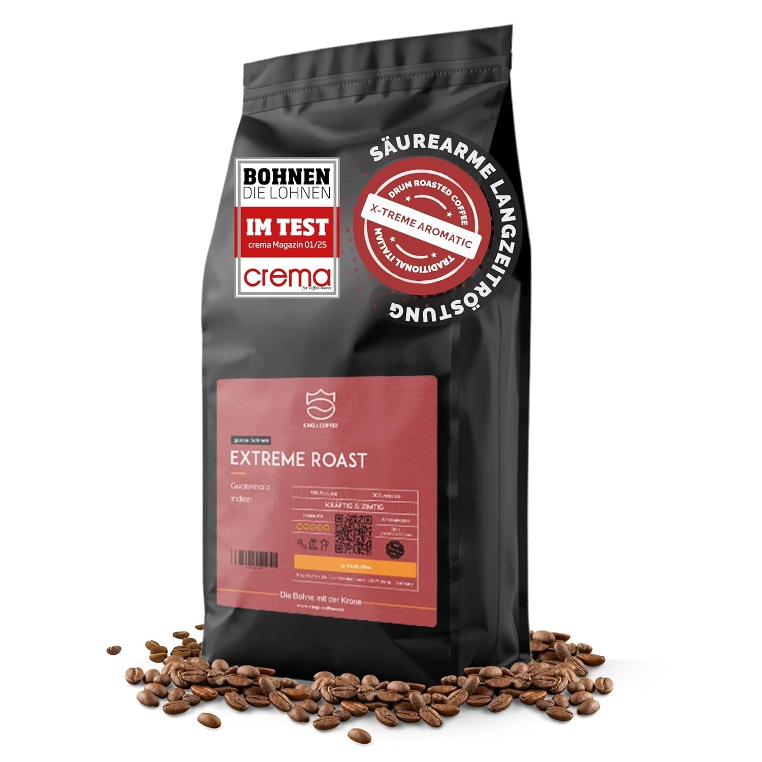 KING'S COFFEE - EXTREME ROAST - Espresso Intenso Bohnen - sehr geringer Säuregehalt - Kleinserienröstung aus Italien - Kaffeebohnen für Vollautomaten und Siebträgermaschinen - 1 kg