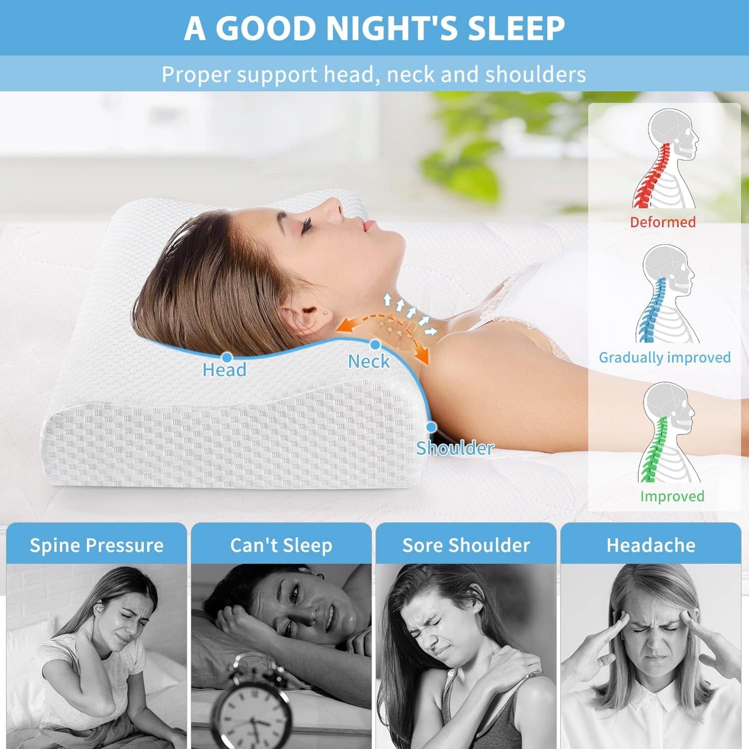 Findigit Gesundheitskissen, Memory-Schaum-Kissen, orthopädisches Nackenstützkissen für Seiten- und Rückenschläfer, ergonomisches Halswirbelsäulenkissen (60 x 35 x 11/9 cm). Orthopädische Halskissen von Naty Shop