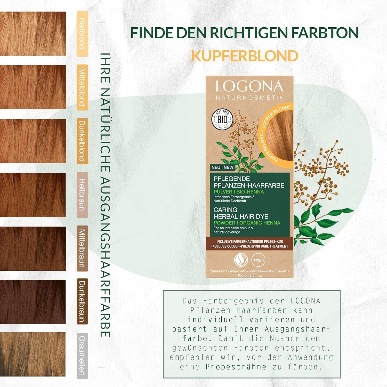 LOGONA Naturkosmetik Kräuter-Pflege-Haarfarbe, Bio-Henna-Pulver, vegane Haarfarbe für intensive Farbe und Glanz, Pflanzen-Haarfarbe in Kupferblond (Blond), 1 x 100 g Naty Shop Haarfarbe