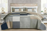 Chezmoi Collection Addy Patchwork-Steppdecken-Set, vorgewaschene Baumwolle, leicht, wendbar, für alle Jahreszeiten, übergroß, 3-teilig, Marineblau, Weiß, Grau, Taupe, karierte Steppdecken und Steppdecken, Naty Shop