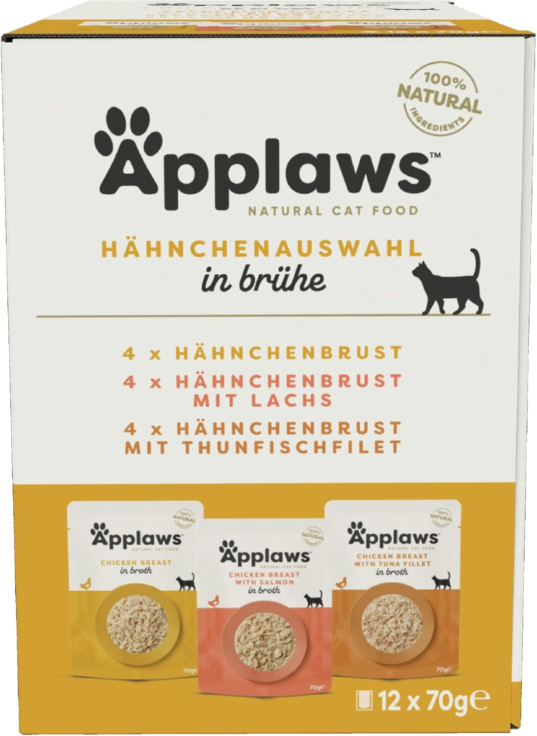 Applaws Natural Nassfutterbeutel für Katzen, Multipack-Hühnerbrühe-Auswahl – 12 Beutel x 70 g