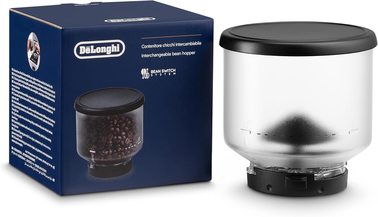 De'Longhi DLSC403 Bohnenbehälter, austauschbarer Bohnenbehälter für De'Longhi Rivelia Kaffeevollautomat, inkl. 250 g Kaffeebohnen, schwarzer Deckel