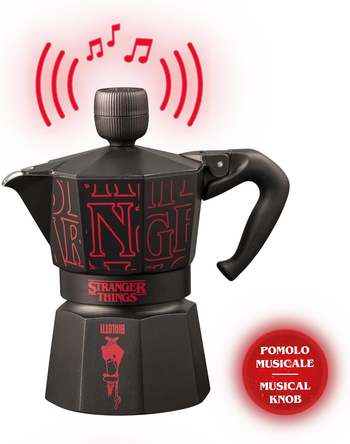 Bialetti Moka Express Stranger Things 3-Tassen-Kaffeemaschine, Musiktaste mit USB-C-Ladefunktion, Nicht für Induktionsherde geeignet, 3 Tassen (130 ml), Schwarz