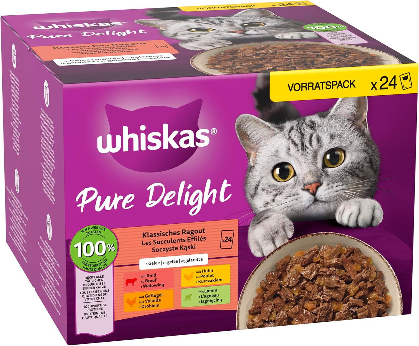 WHISKAS PURE DELIGHT Nassfutter in Gelee 24 x 85g Classic Ragout (4 Packungen) 48 Portionsbeutel