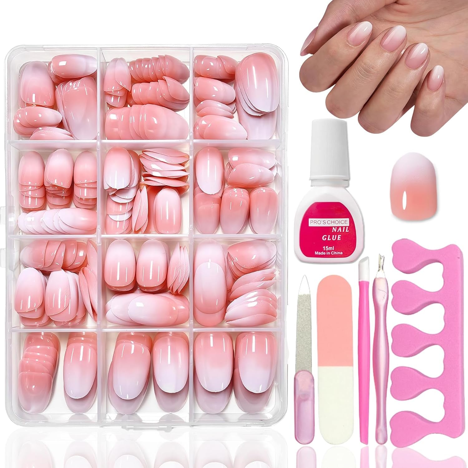 360-teiliges Kunstnägel-Set – Kurze Kunstnägel in Nude-Rosa-Weiß mit Farbverlauf – Quadratische Kunstnägel zum Aufkleben – Vollflächige, glänzende, selbstklebende Nägel für Frauen und Mädchen (quadratisch)
