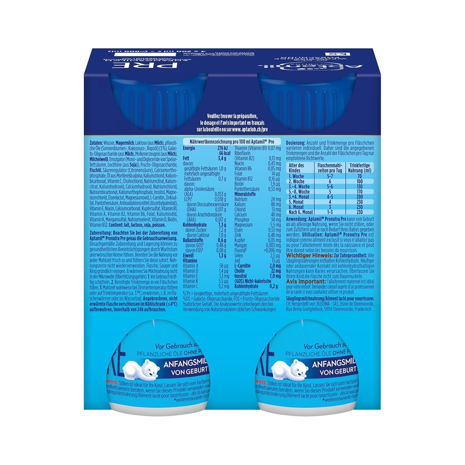 Aptamil Pronutra Pre – Säuglingsnahrung ab der Geburt – Mit pflanzlichen Ölen, ohne Palmöl – 6 x 4 x 200 ml (4800 ml)