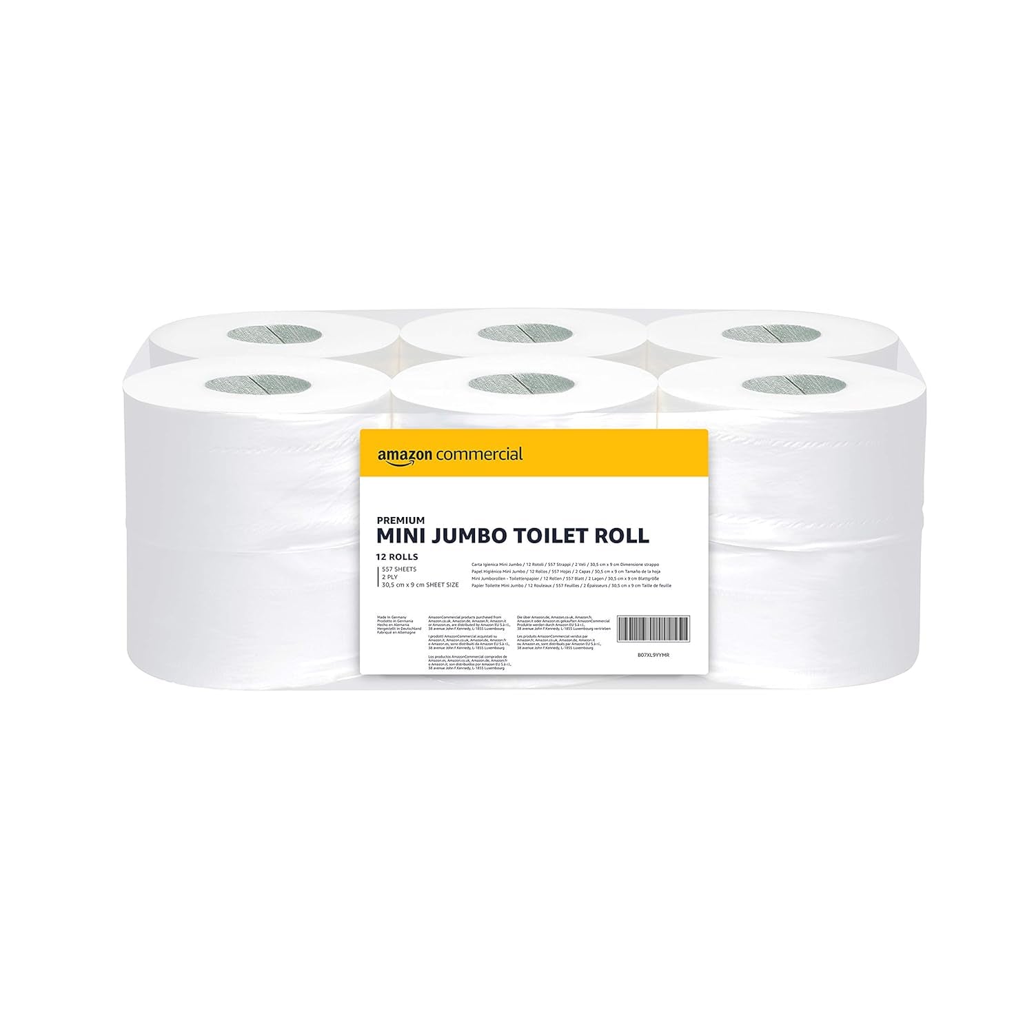 Amazoncommercial Mini-Jumbo-Toilettenpapier, parfümfrei, 2-lagig, 6684 Stück, 1 Packung mit 12 Rollen, 557 Blatt pro Rolle, Blattgröße: 30,5 x 9 cm, weiß, kompatibel mit T2-Spendern