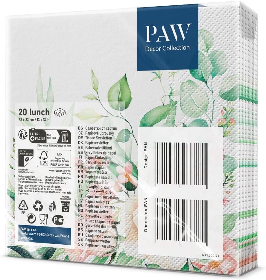 PAW - 3-lagige Servietten (33 x 33 cm) I 20 Stück I Perfekt für Geburtstage, Partys, Hochzeiten, Kommunionen und Feiertage I Farbige Papierservietten – Blumen, Rosen I Farbe: Floral Moments (2er-Pack)