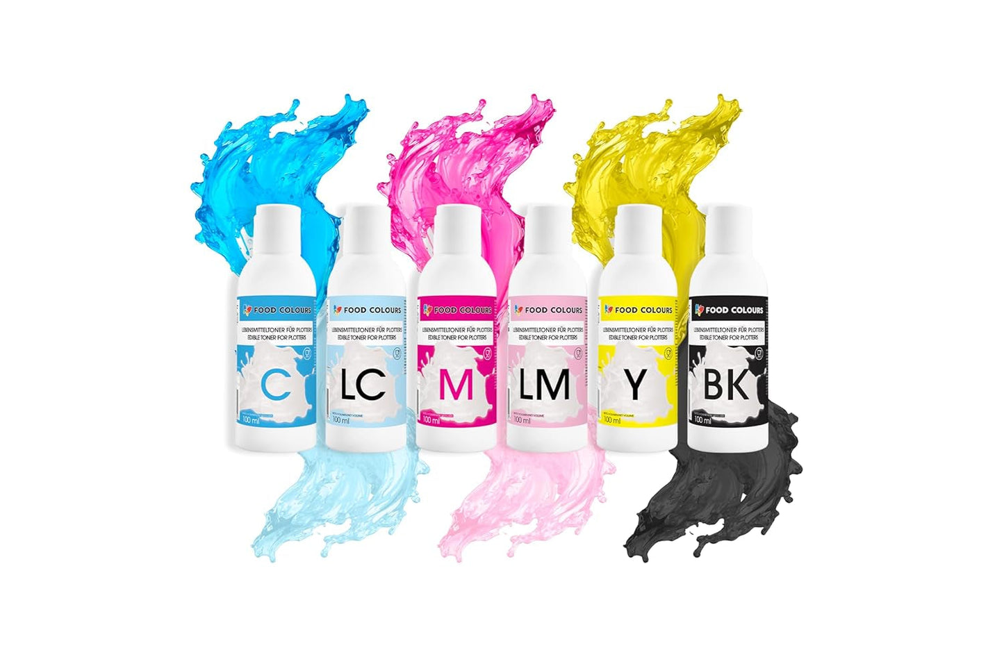 Lebensmittelfarben-Set mit essbaren Tinten für Plotter 6 x 100 ml | Helles Cyan | Cyan | Helles Magenta | | Magenta | Gelb | Schwarz | Essbarer Druck, Oblatenpapierdruck, dekorativer Kuchenbelag